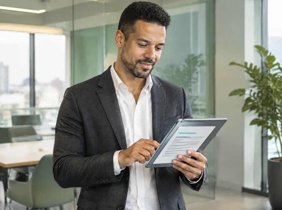 Empresário utilizando um tablet no escritório